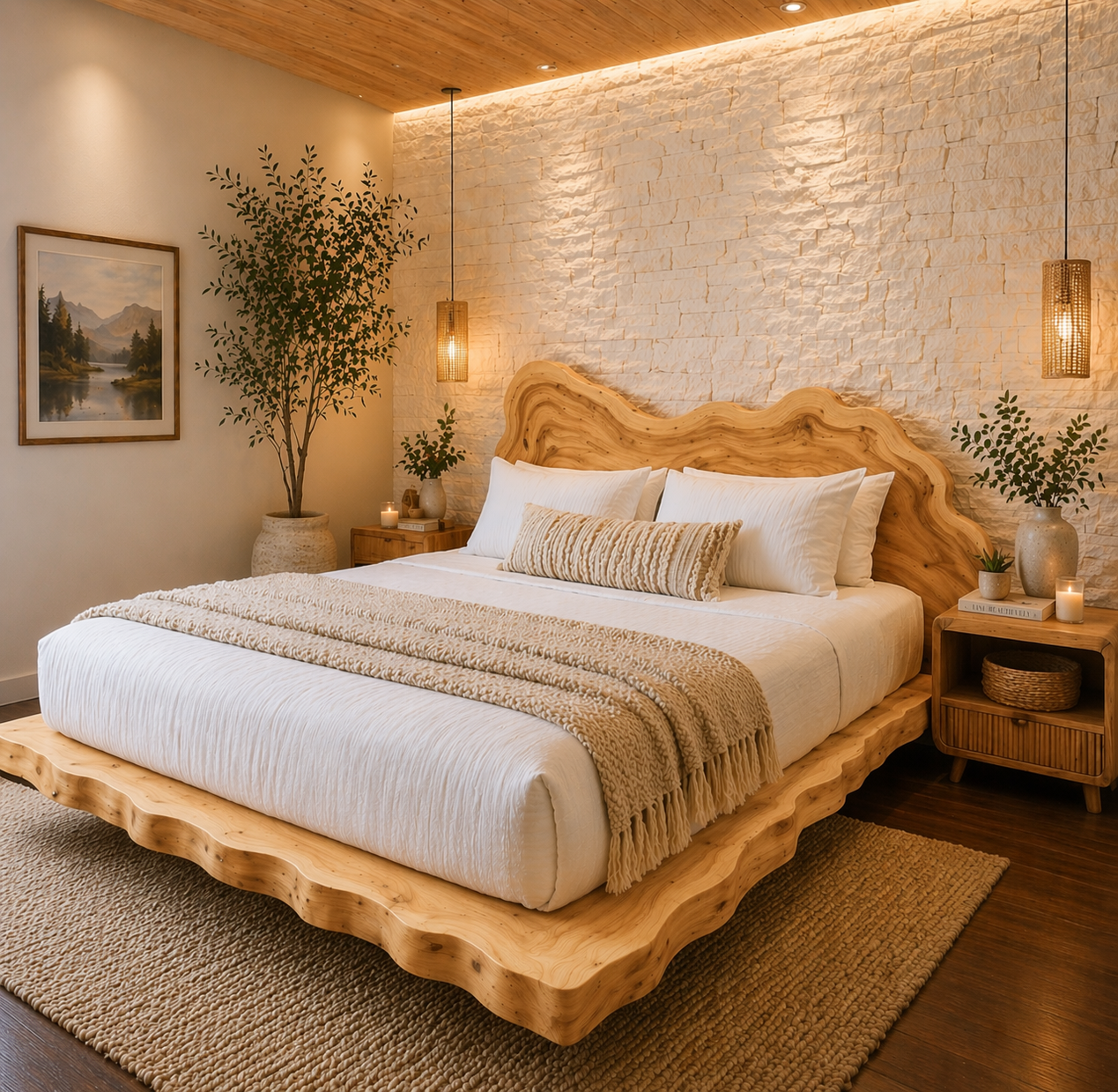 Live Edge Solid Wood Platform Bed Frame, Organic Wavy Headboard Furniture