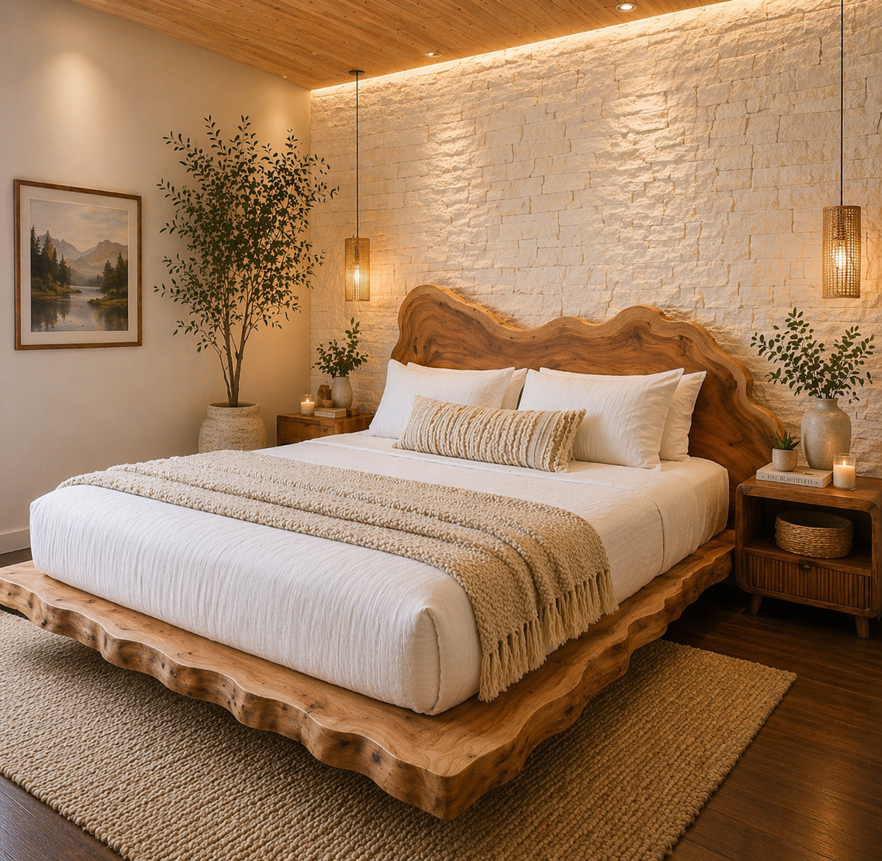 Live Edge Solid Wood Platform Bed Frame, Organic Wavy Headboard Furniture
