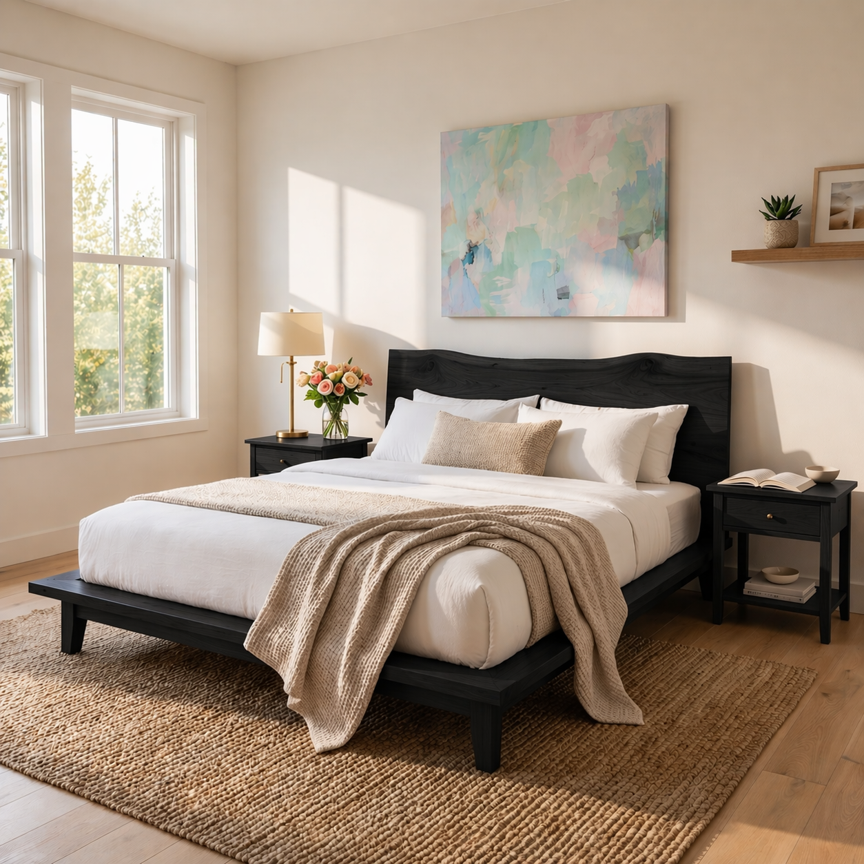 Handcrafted Solid Wood Live Edge Platform Bed Frame, Organic Wavy Headboard Furniture