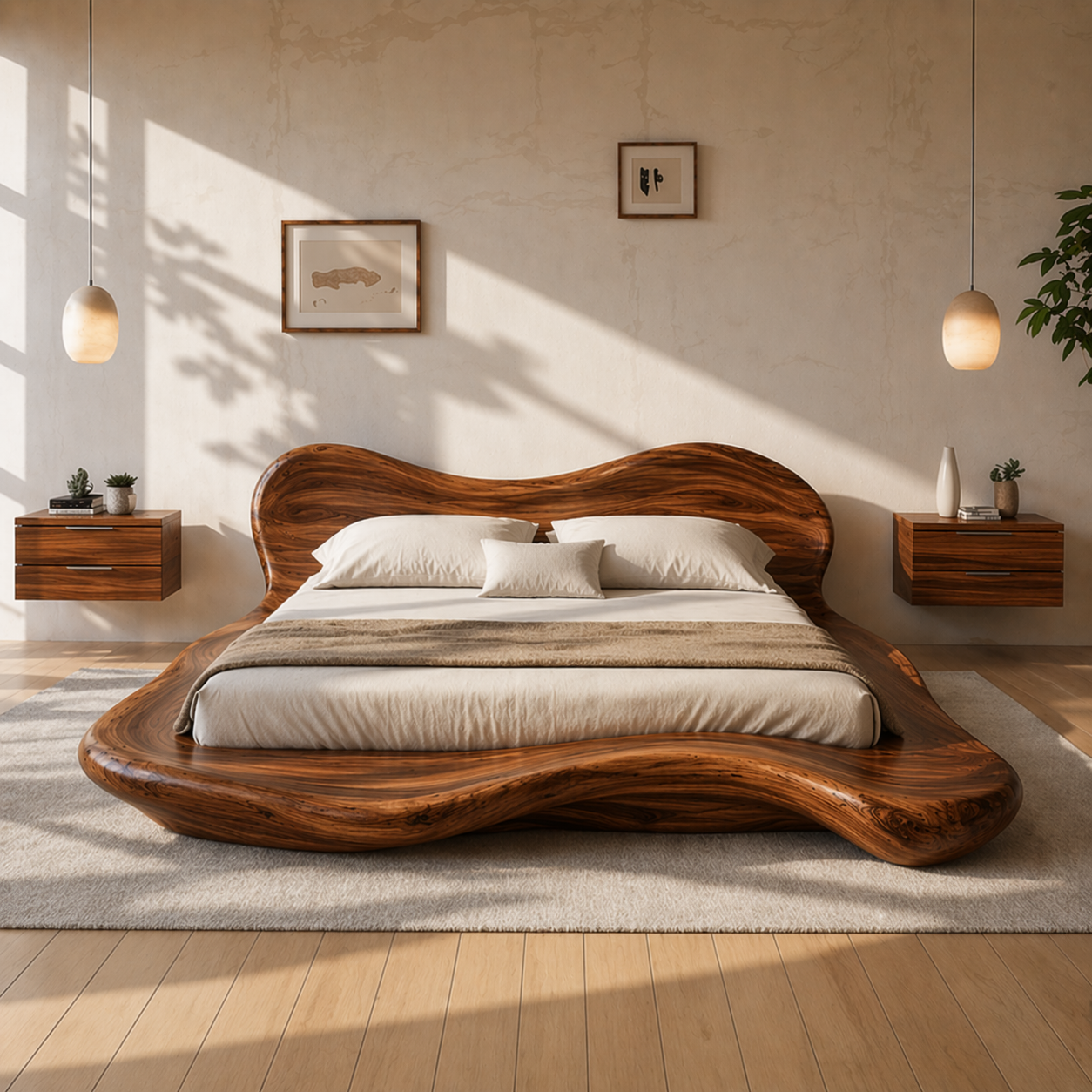 Handcrafted Solid Wood Sculptural Platform Bed, Organic Wavy Design Luxury Bed Frame