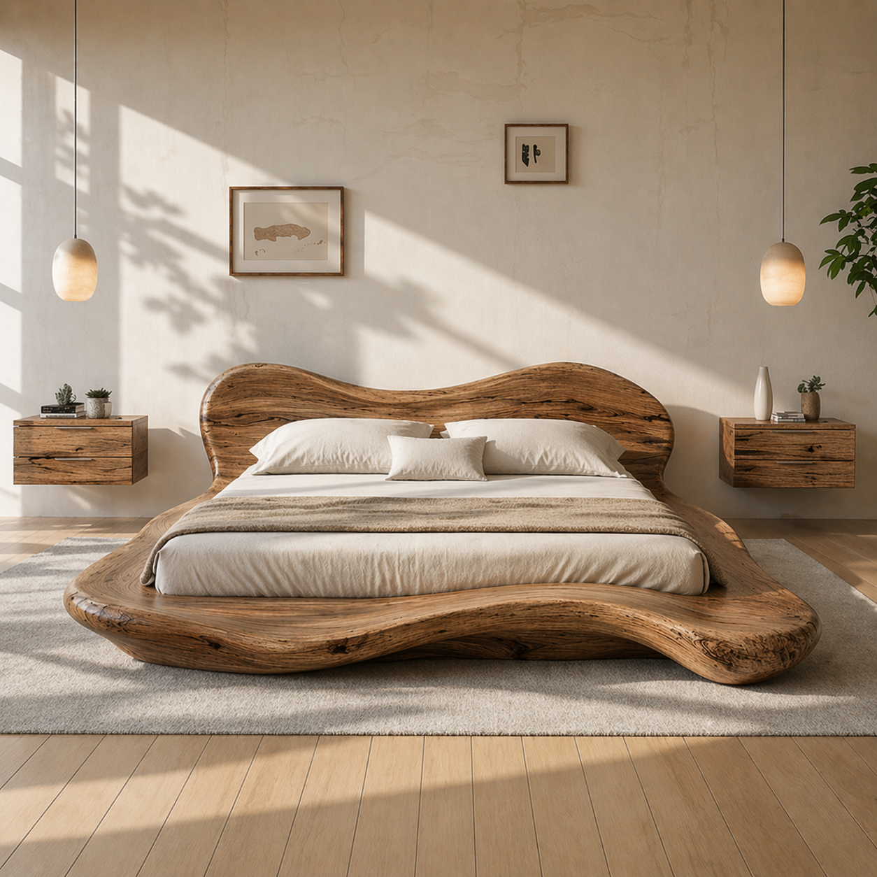 Handcrafted Solid Wood Sculptural Platform Bed, Organic Wavy Design Luxury Bed Frame