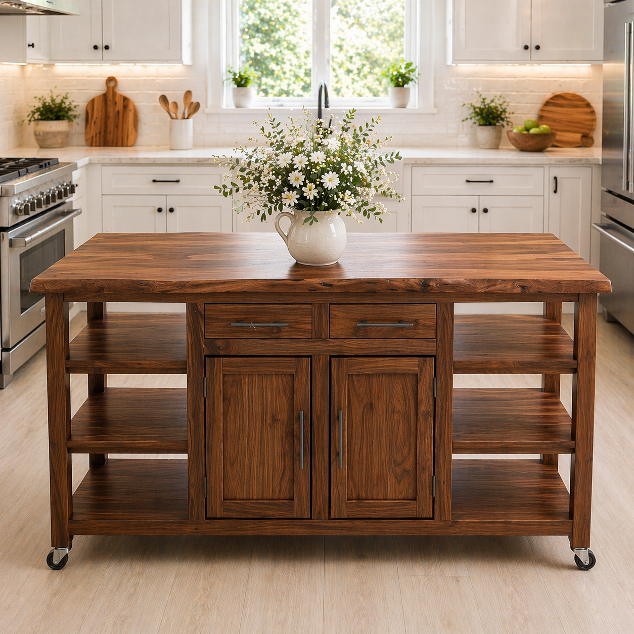 Solid Wood Kitchen Island with Storage & Shelves – Rustic Kitchen Cart, Rolling Prep Table with Drawers & Cabinet