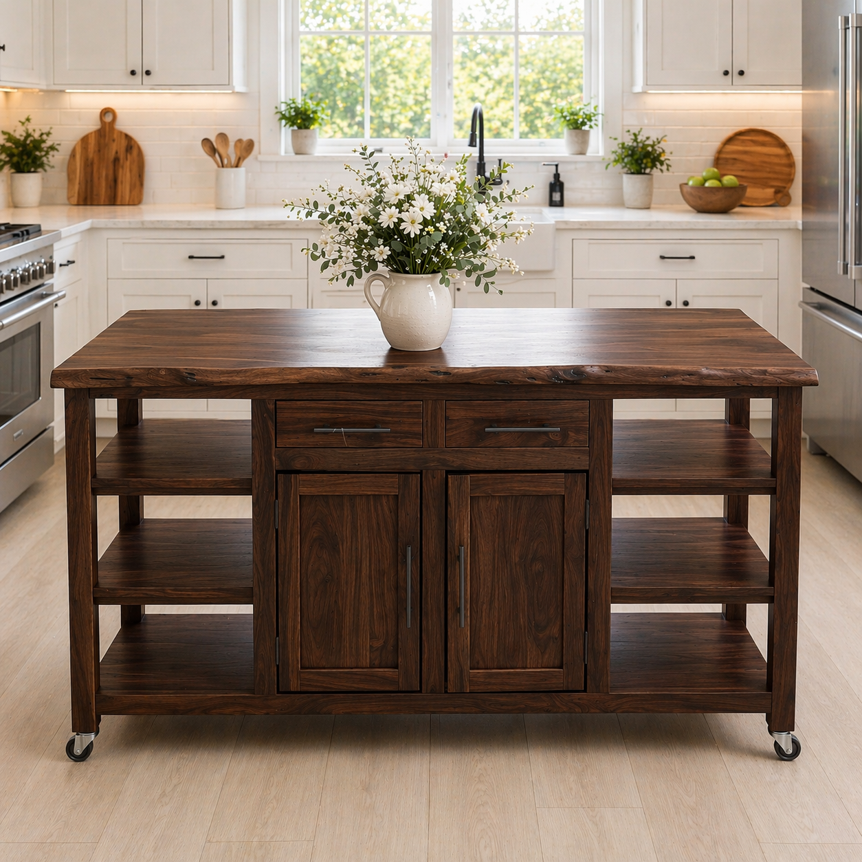 Solid Wood Kitchen Island with Storage & Shelves – Rustic Kitchen Cart, Rolling Prep Table with Drawers & Cabinet
