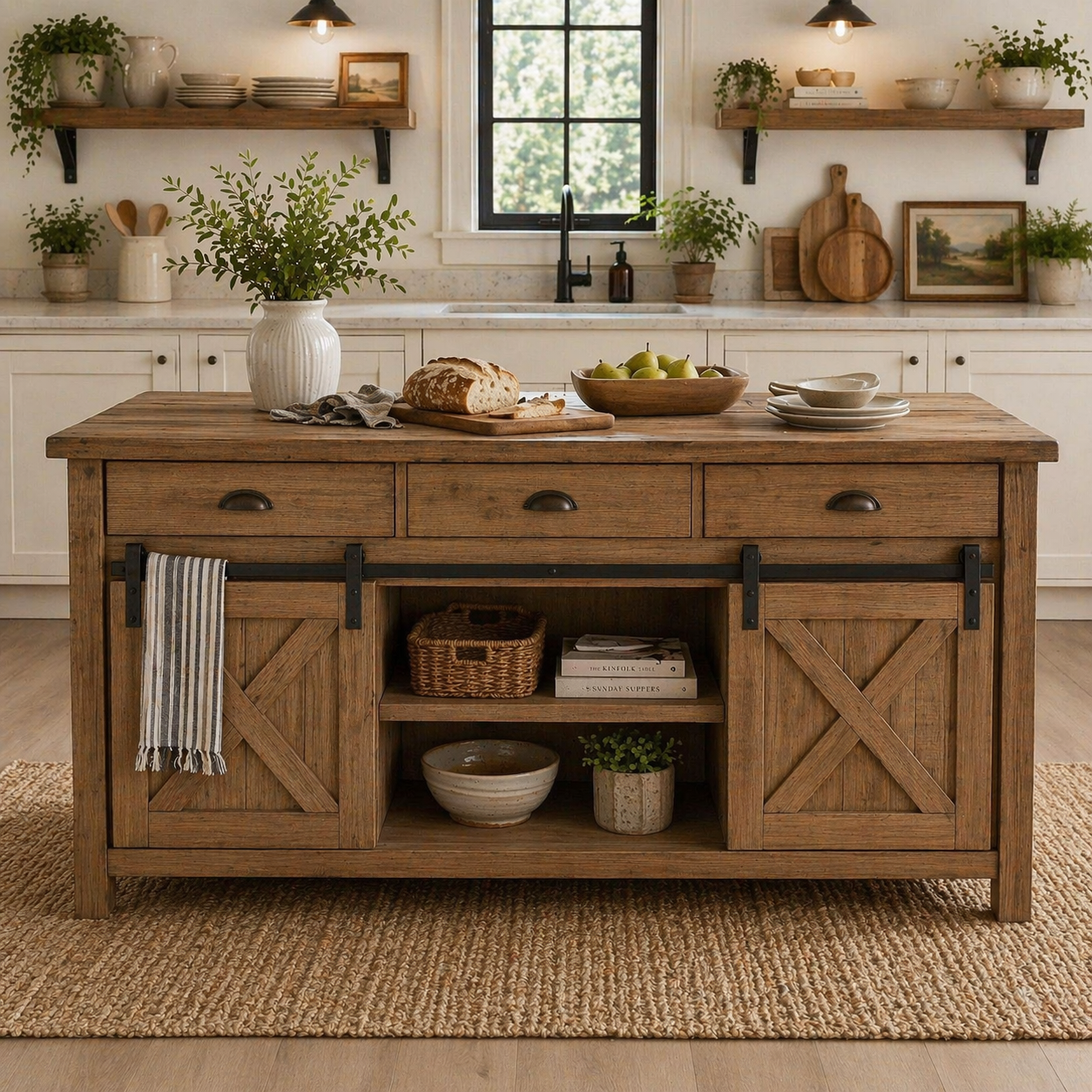 Solid Wood Kitchen Island with Sliding Barn Doors – Rustic Farmhouse Kitchen Table, Wooden Prep Island with Storage