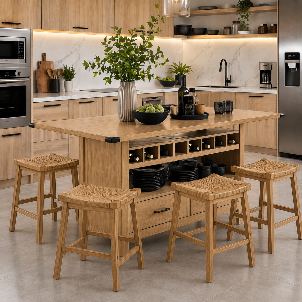 Solid Wood Kitchen Island with Wine Rack & Storage – Rustic Walnut Kitchen Table, Large Prep Island with Shelves & Drawer