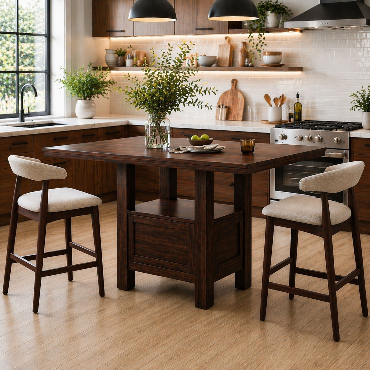 Solid Wood Kitchen Island Table with Storage Base – Walnut Dining Island Table, Rustic Modern Kitchen Table