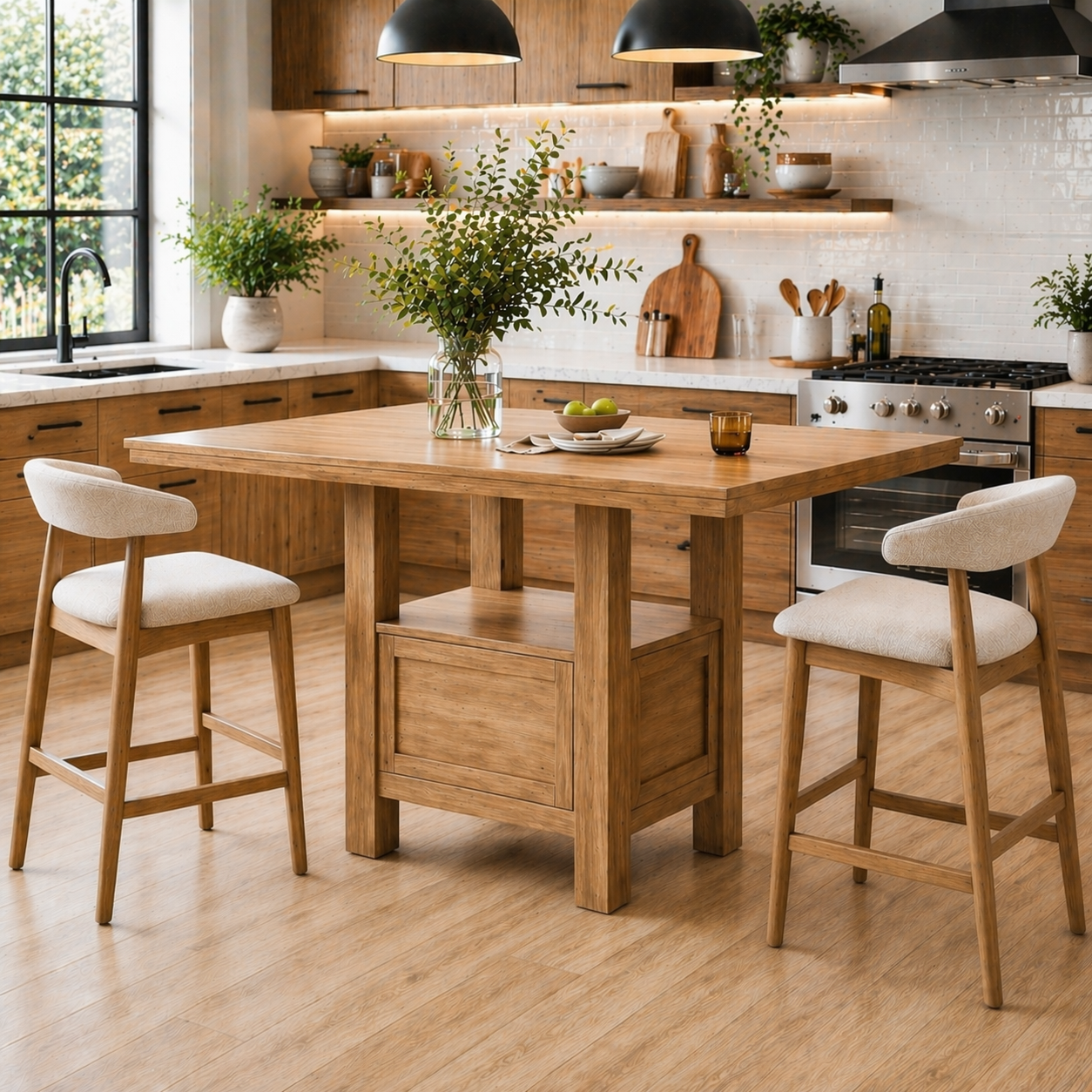 Solid Wood Kitchen Island Table with Storage Base – Walnut Dining Island Table, Rustic Modern Kitchen Table
