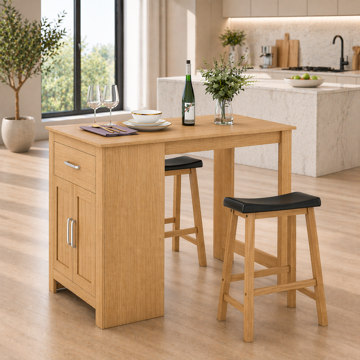 Solid Wood Kitchen Island Table with Cabinet – Walnut Dining Table with Storage, Compact Rustic Kitchen Island