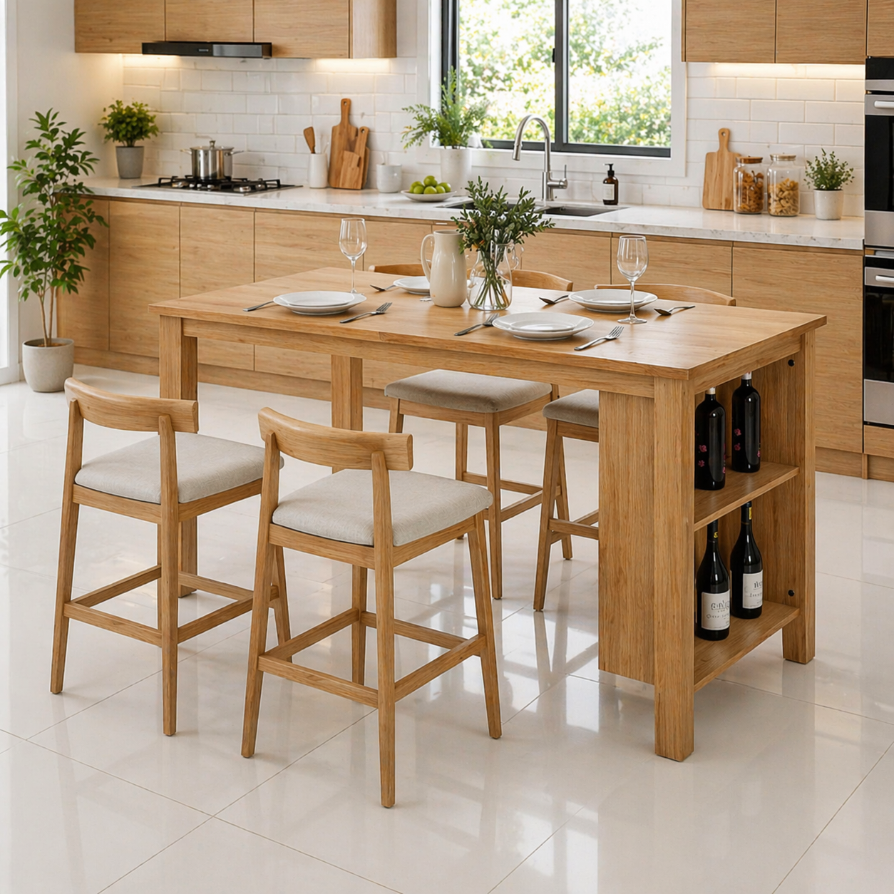 Solid Wood Kitchen Island Dining Table with Wine Rack – Oak Kitchen Table with Storage, Modern Minimalist Dining Island