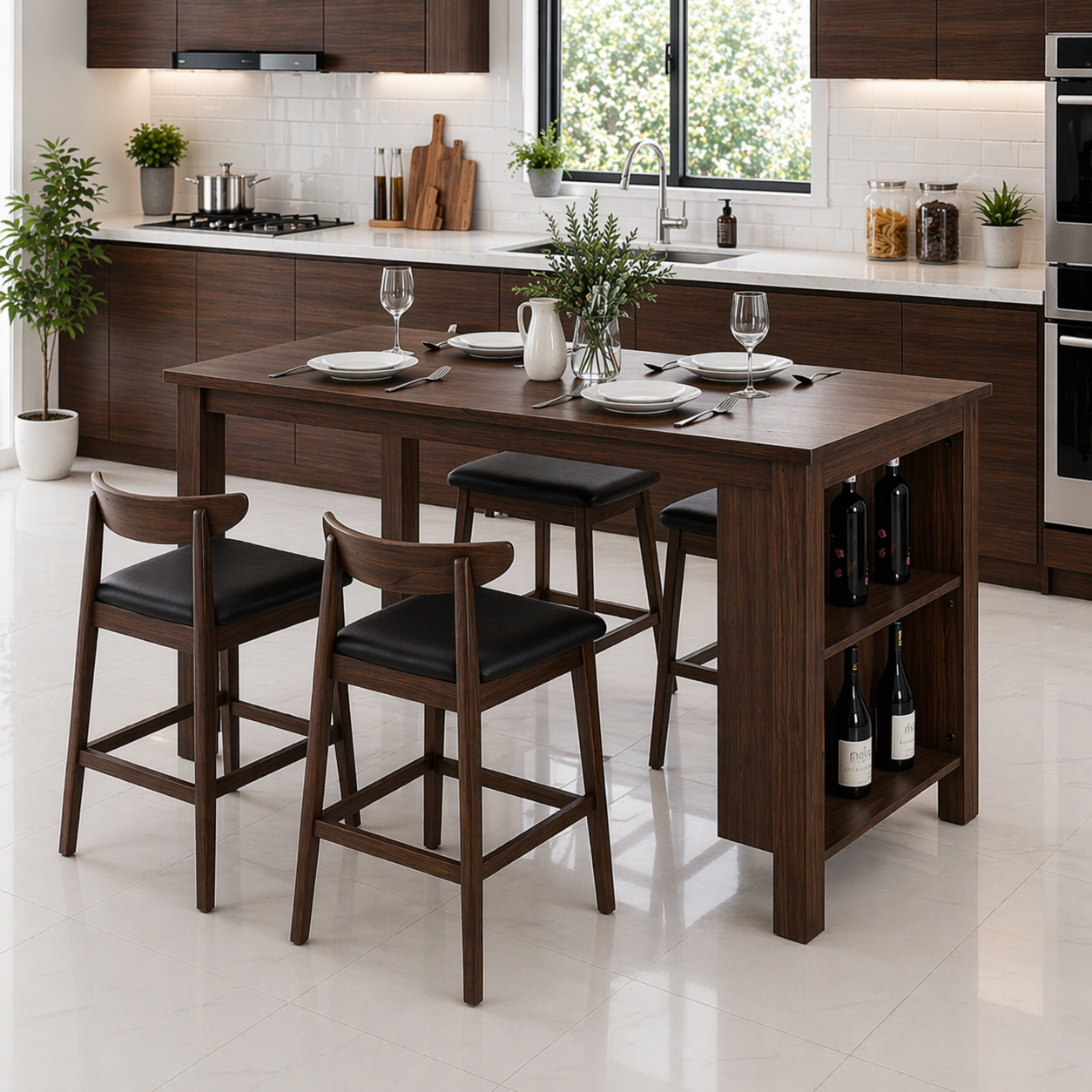 Solid Wood Dining Table with Storage Shelf – Oak Kitchen Island Table with Wine Rack, Modern Farmhouse Dining Table