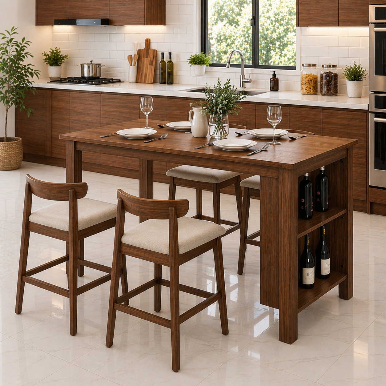 Solid Wood Dining Table with Storage Shelf – Oak Kitchen Island Table with Wine Rack, Modern Farmhouse Dining Table