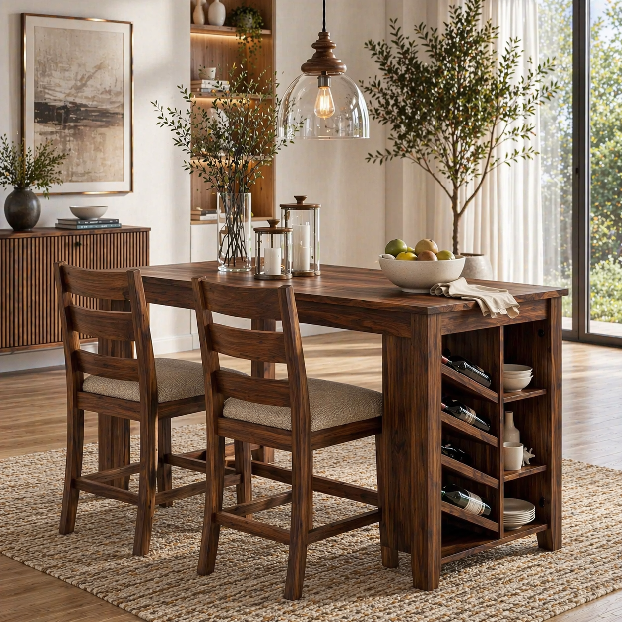 Solid Wood Dining Table with Wine Rack – Rustic Oak Kitchen Island Table, Wooden Dining Table with Storage