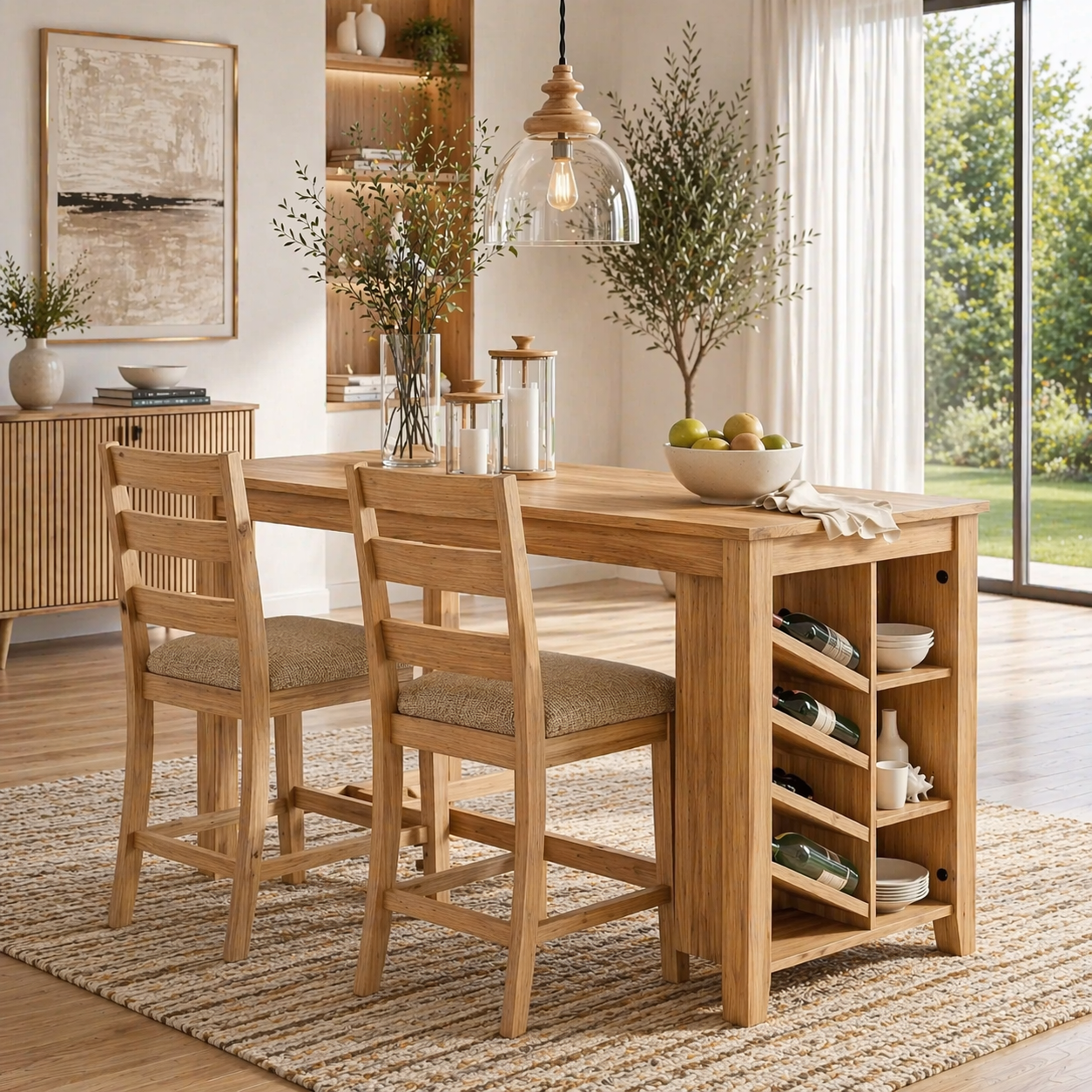 Solid Wood Dining Table with Wine Rack – Rustic Oak Kitchen Island Table, Wooden Dining Table with Storage