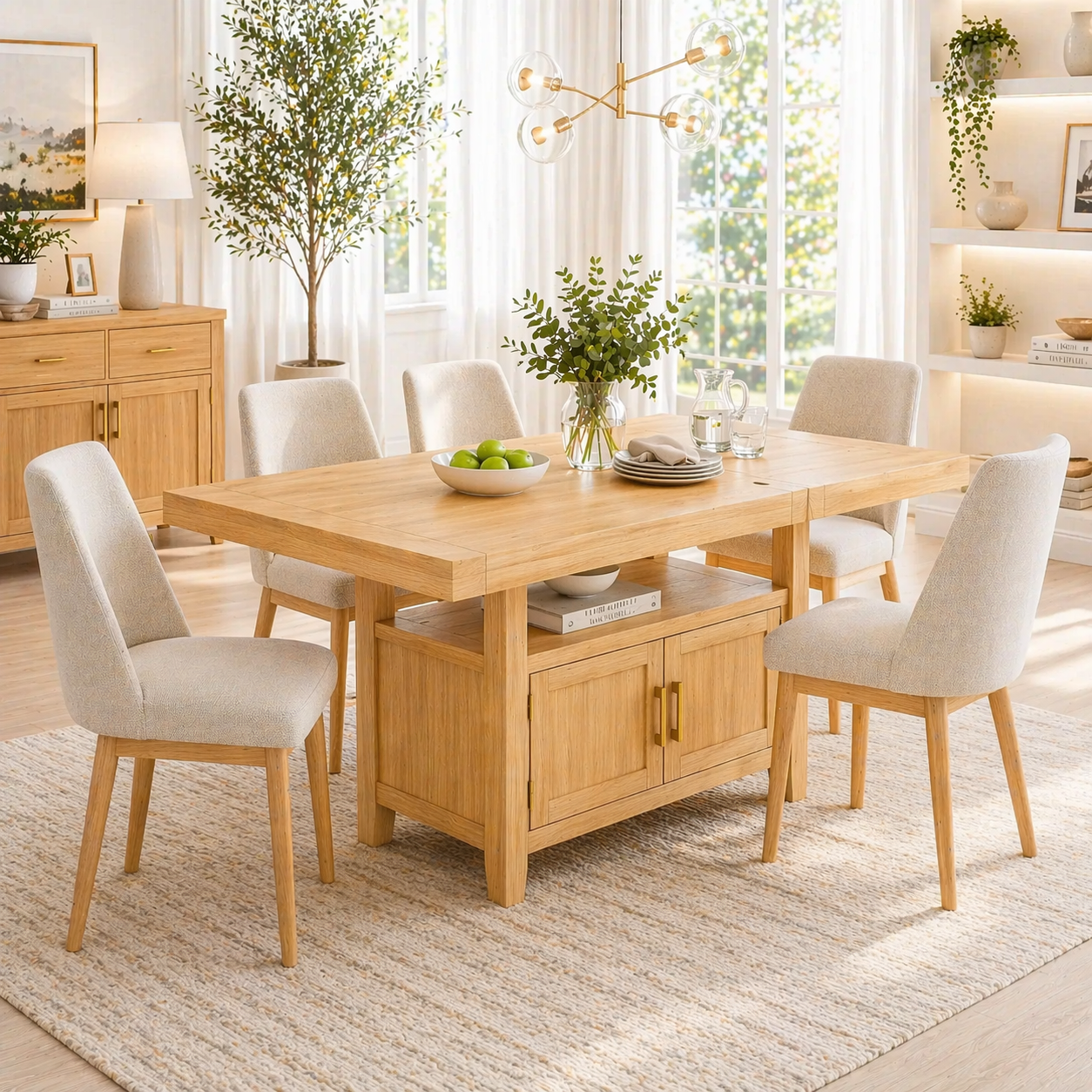 Solid Wood Dining Table with Storage Cabinet – Rustic Oak Dining Table, Kitchen Island Table with Shelves