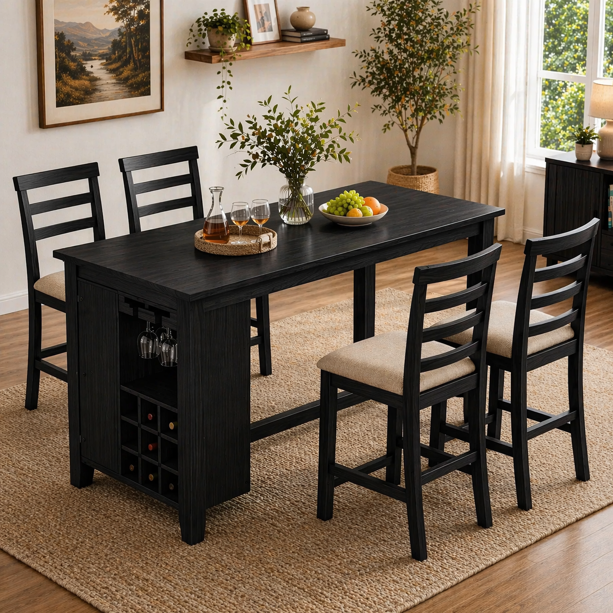 Solid Wood Dining Table with Wine Rack & Glass Holder – Rustic Walnut Dining Table, Kitchen Island Table with Storage