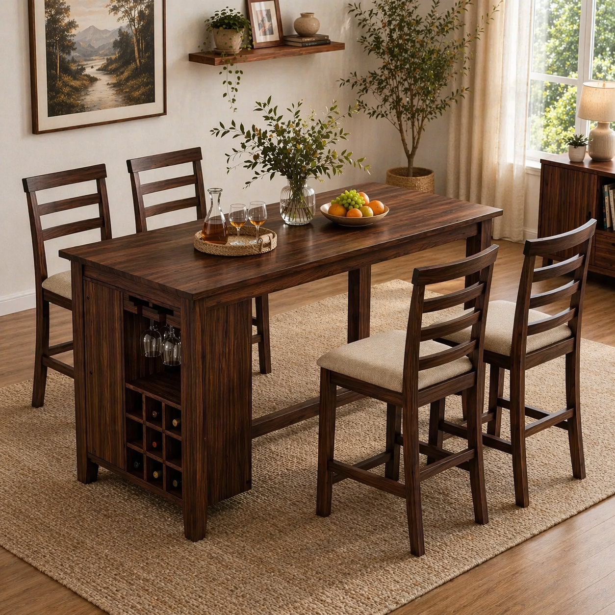 Solid Wood Dining Table with Wine Rack & Glass Holder – Rustic Walnut Dining Table, Kitchen Island Table with Storage