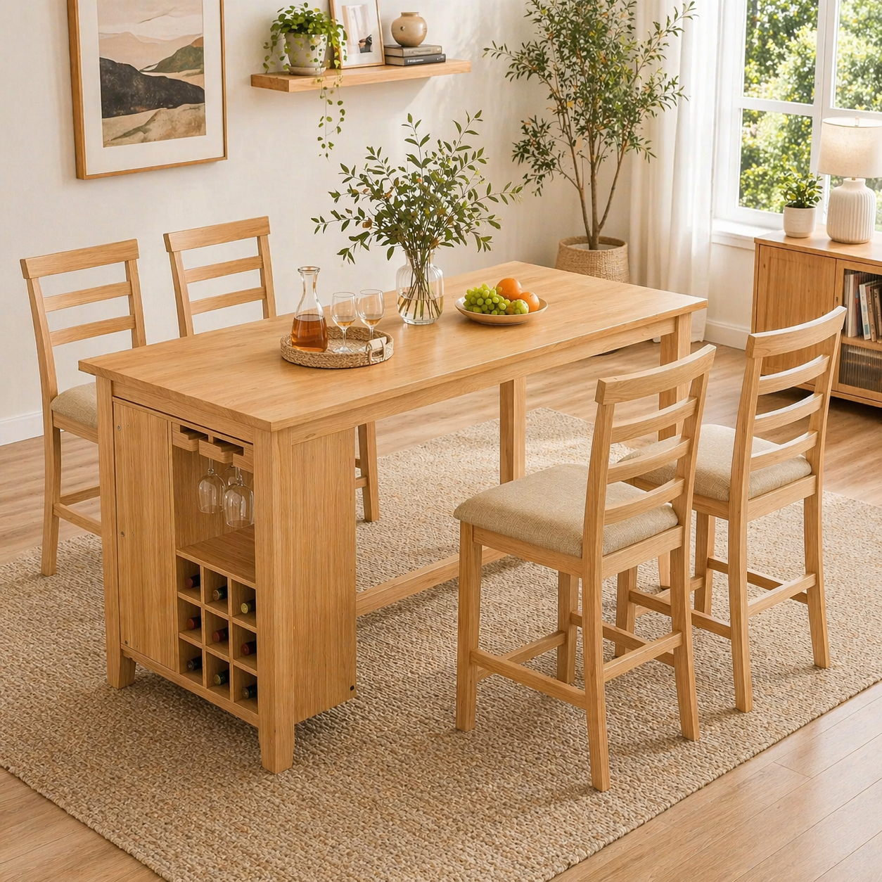 Solid Wood Dining Table with Wine Rack & Glass Holder – Rustic Walnut Dining Table, Kitchen Island Table with Storage