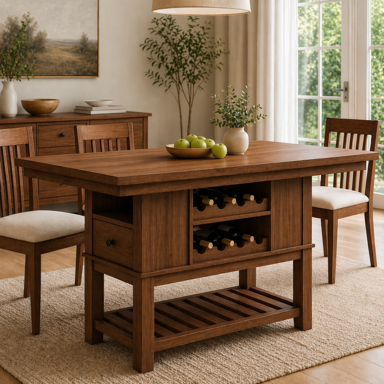Solid Wood Kitchen Island with Wine Rack & Shelf – Dining Table with Storage, Modern Farmhouse Kitchen Island