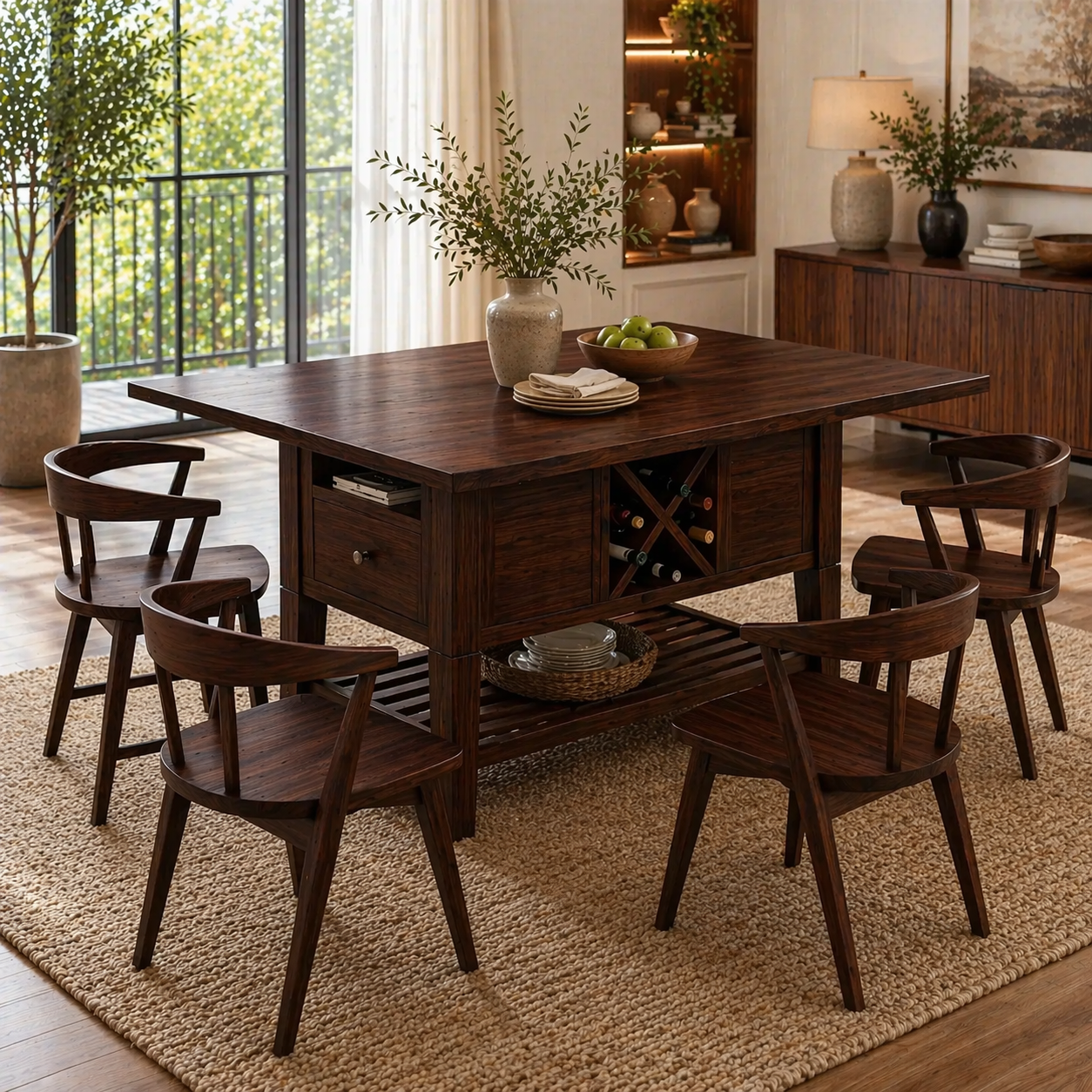 Solid Wood Kitchen Island with Storage Shelf and Wine Rack – Modern Farmhouse Prep Table