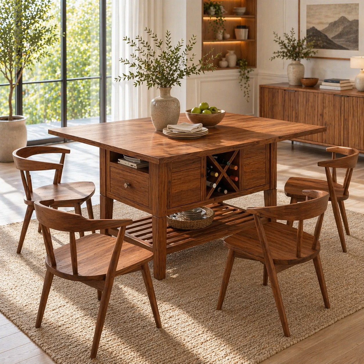 Solid Wood Kitchen Island with Storage Shelf and Wine Rack – Modern Farmhouse Prep Table