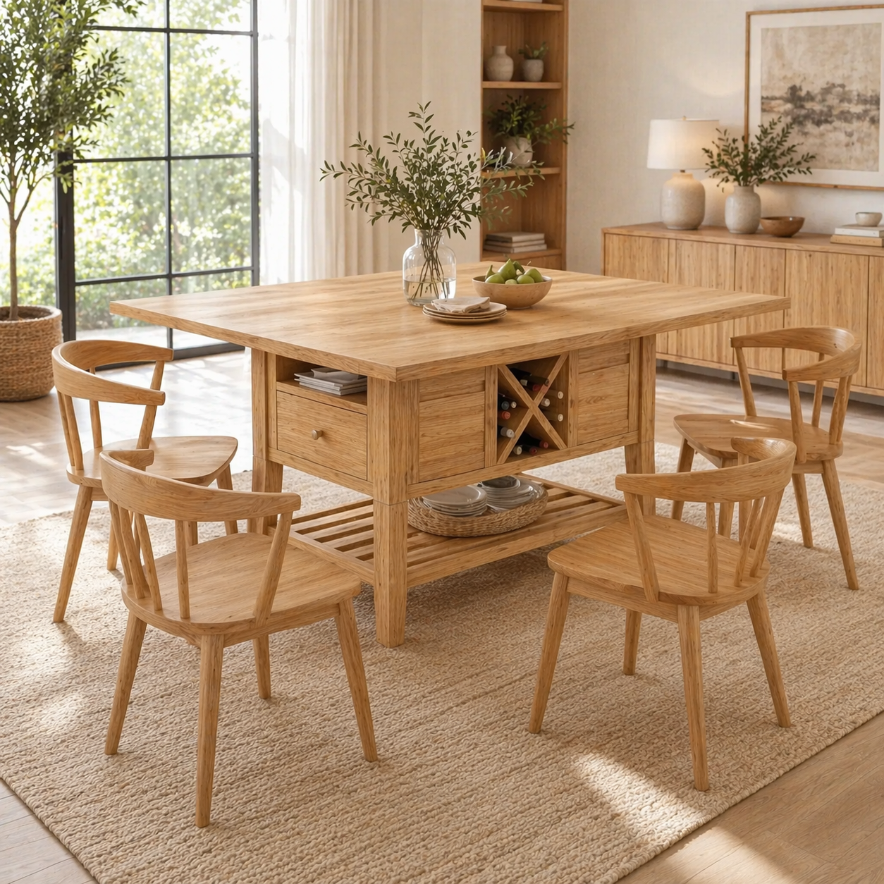 Solid Wood Kitchen Island with Storage Shelf and Wine Rack – Modern Farmhouse Prep Table