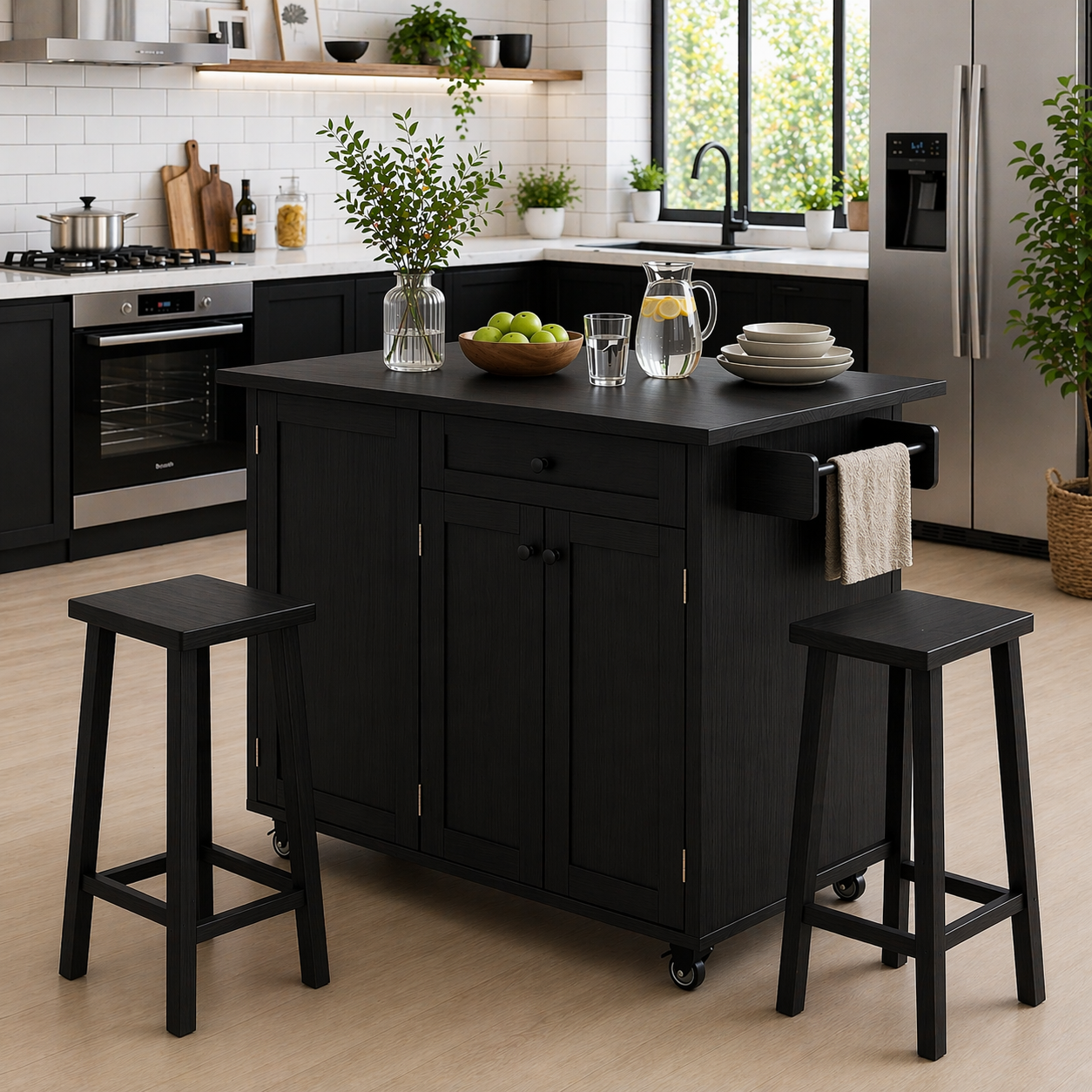 Solid Wood Kitchen Island with Seating – Walnut Rolling Storage Table with Cabinet & Towel Bar