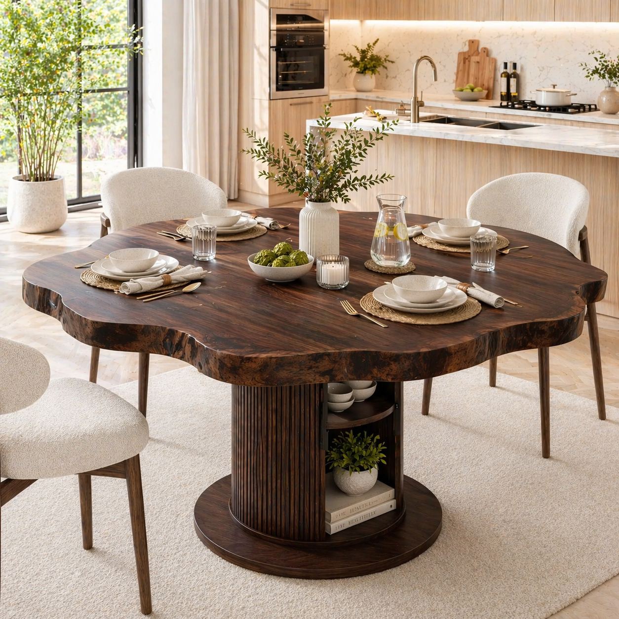Live Edge Round Solid Wood Dining Table – Pedestal Table with Storage Base