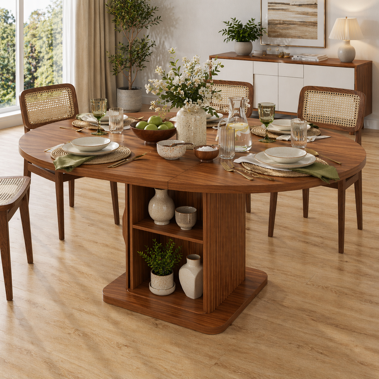 Extendable Round Solid Wood Dining Table – Walnut Pedestal Table with Storage Base