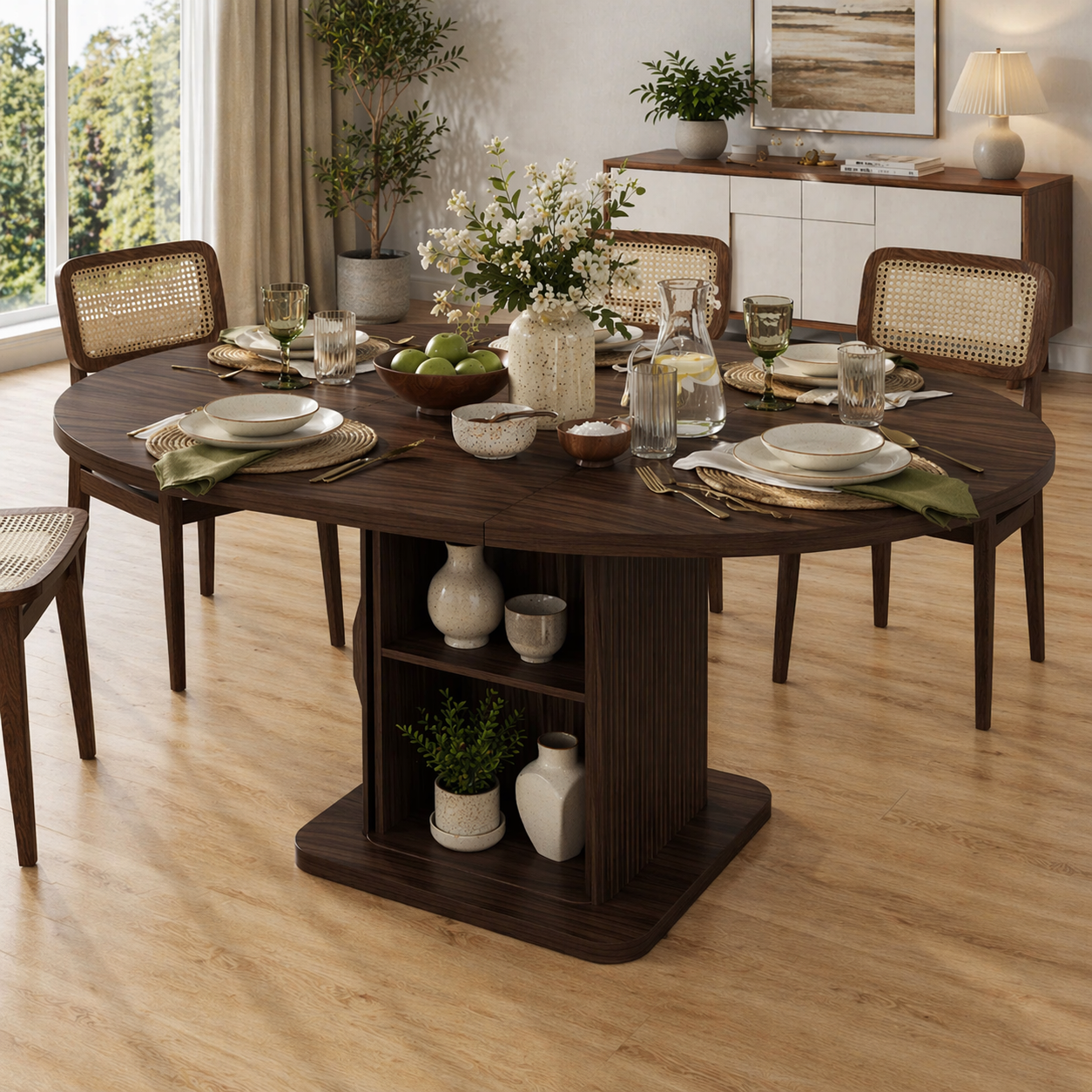 Extendable Round Solid Wood Dining Table – Walnut Pedestal Table with Storage Base