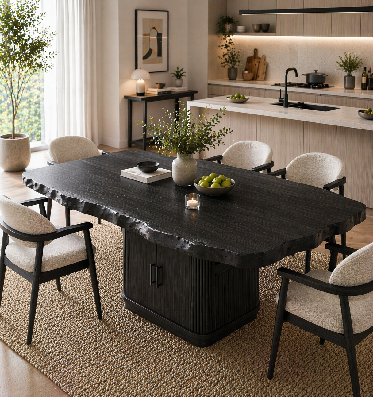 Live Edge Solid Wood Dining Table – Rustic Walnut Slab Table with Sculptural Base