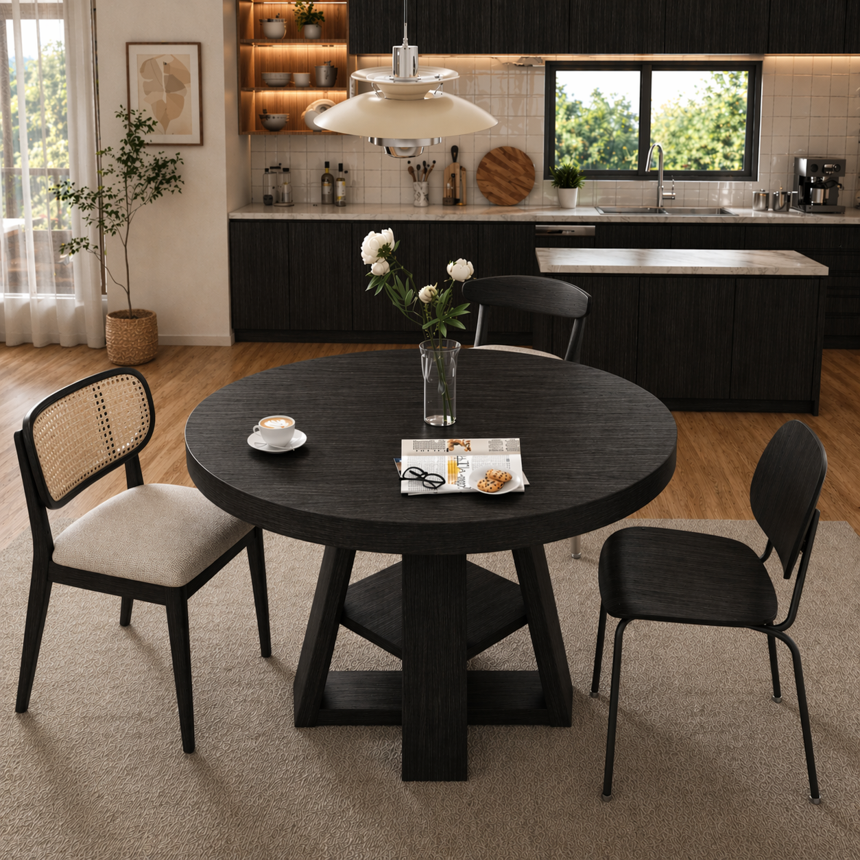 Round Solid Wood Dining Table – Pedestal Table for Modern Kitchen