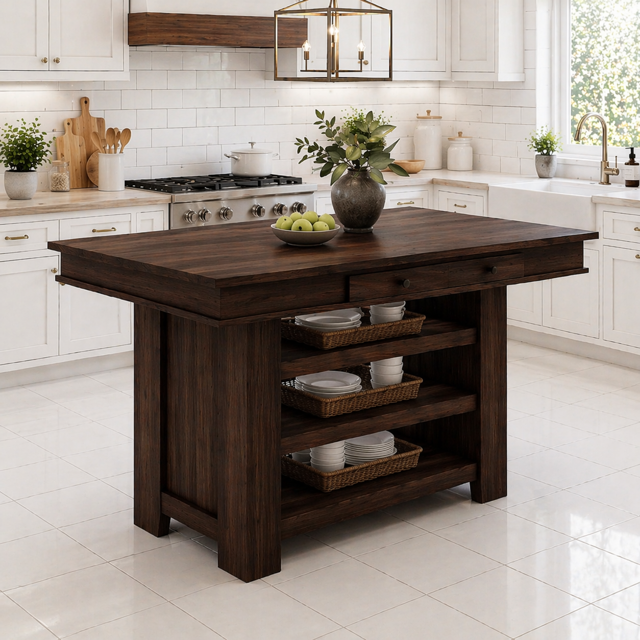Solid Wood Kitchen Island with Storage – Walnut Prep Table with Shelves
