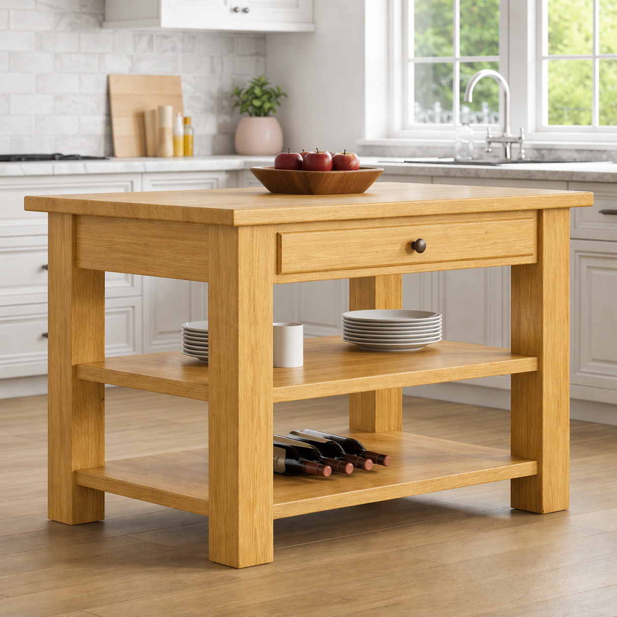 Solid Wood Kitchen Island Table with Storage – Walnut Prep Table with Drawer & Open Shelves