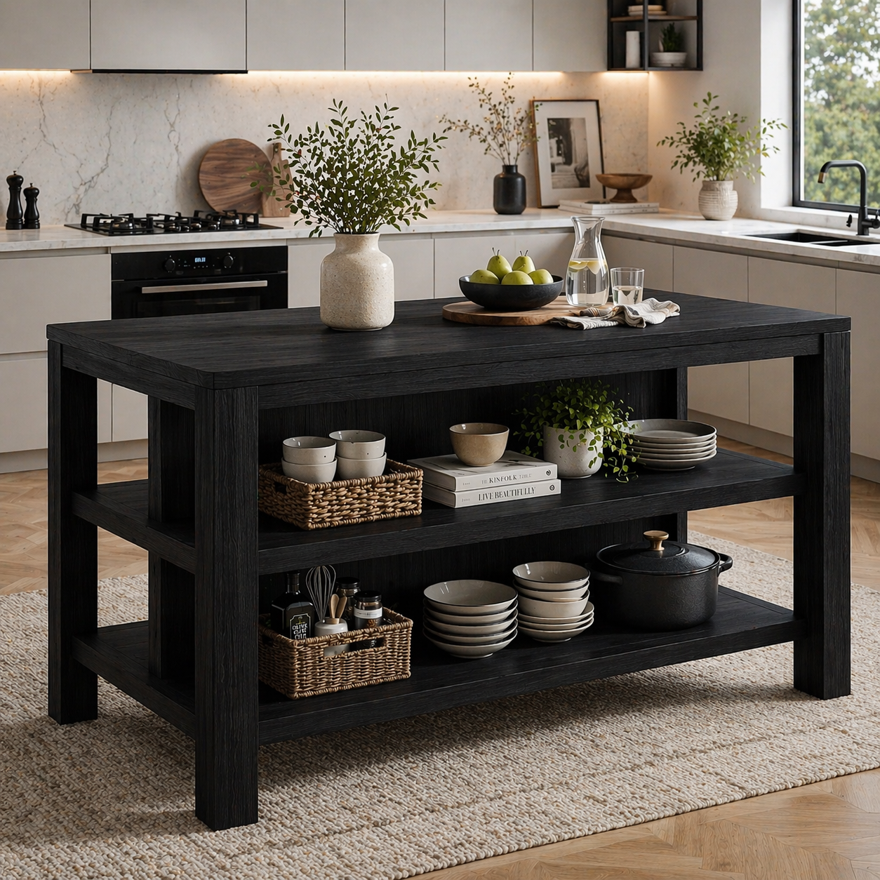Solid Wood Kitchen Island with Open Shelves – Natural Oak Prep Table for Modern Kitchen