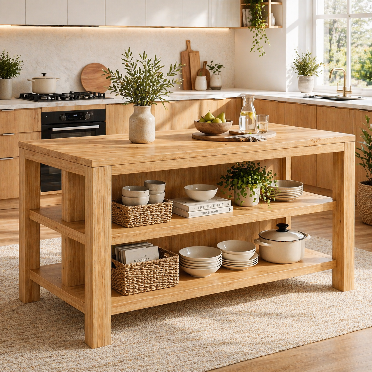 Solid Wood Kitchen Island with Open Shelves – Natural Oak Prep Table for Modern Kitchen
