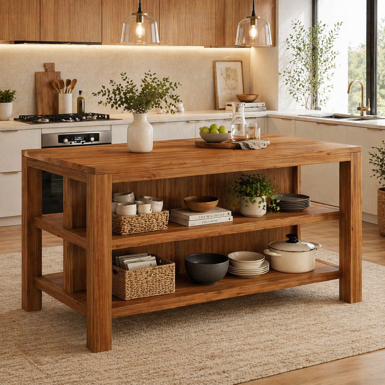 Solid Wood Kitchen Island with Open Shelves – Natural Oak Prep Table for Modern Kitchen