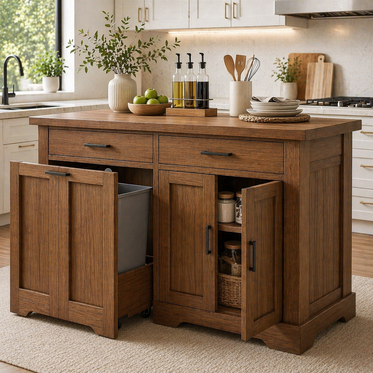 Solid Wood Kitchen Island with Trash Storage – Prep Table with Cabinets