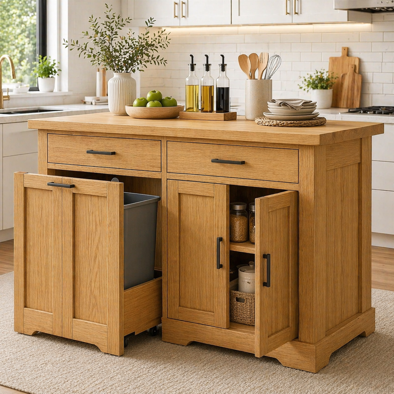 Solid Wood Kitchen Island with Trash Storage – Prep Table with Cabinets