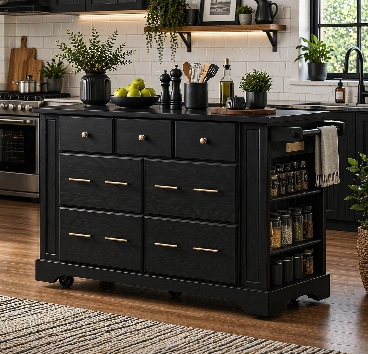 Solid Wood Kitchen Island with Drawers & Side Storage – Rolling Walnut Kitchen Cart with Spice Rack