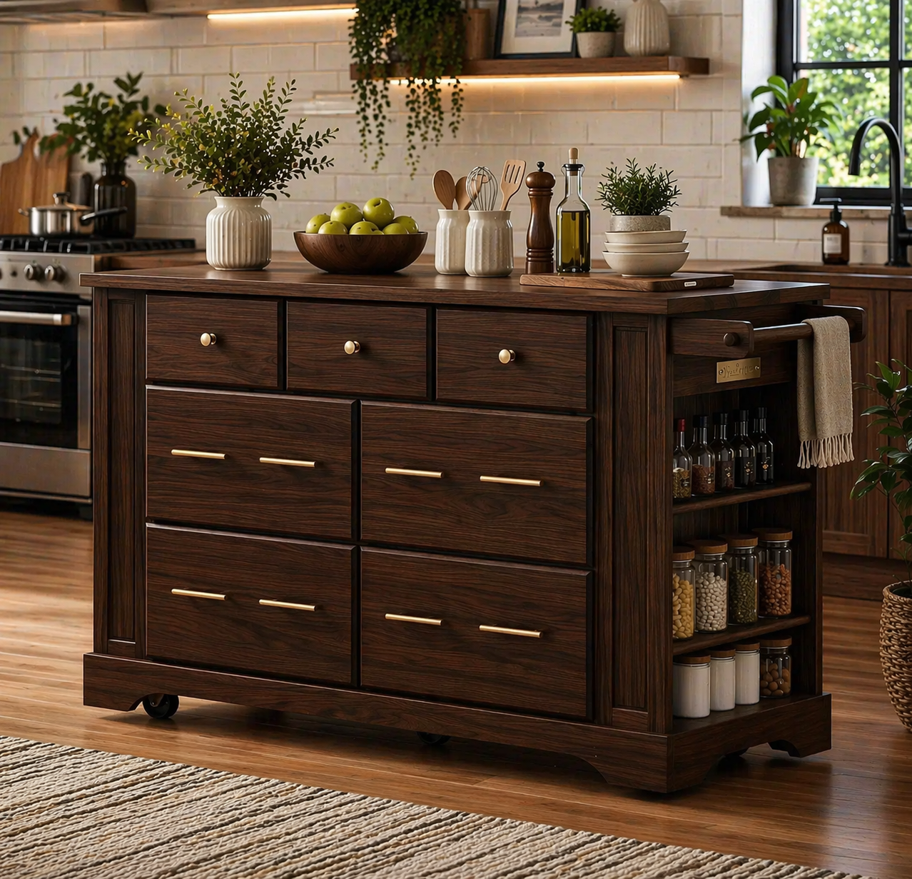 Solid Wood Kitchen Island with Drawers & Side Storage – Rolling Walnut Kitchen Cart with Spice Rack