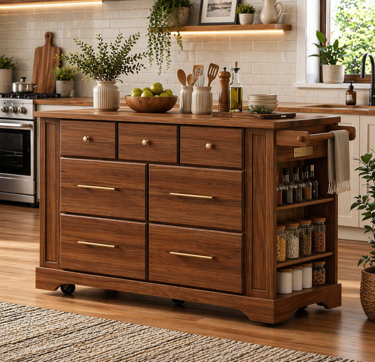 Solid Wood Kitchen Island with Drawers & Side Storage – Rolling Walnut Kitchen Cart with Spice Rack
