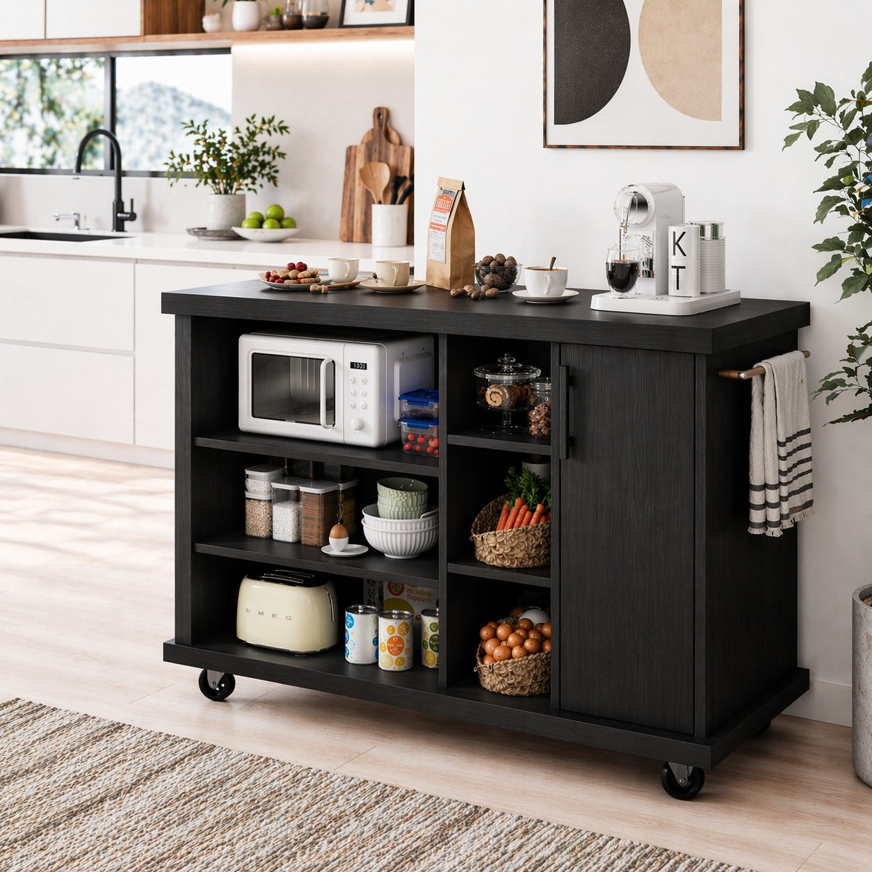 Rolling Kitchen Island with Open Storage & Cabinet – Walnut Microwave Cart with Shelves and Towel Bar