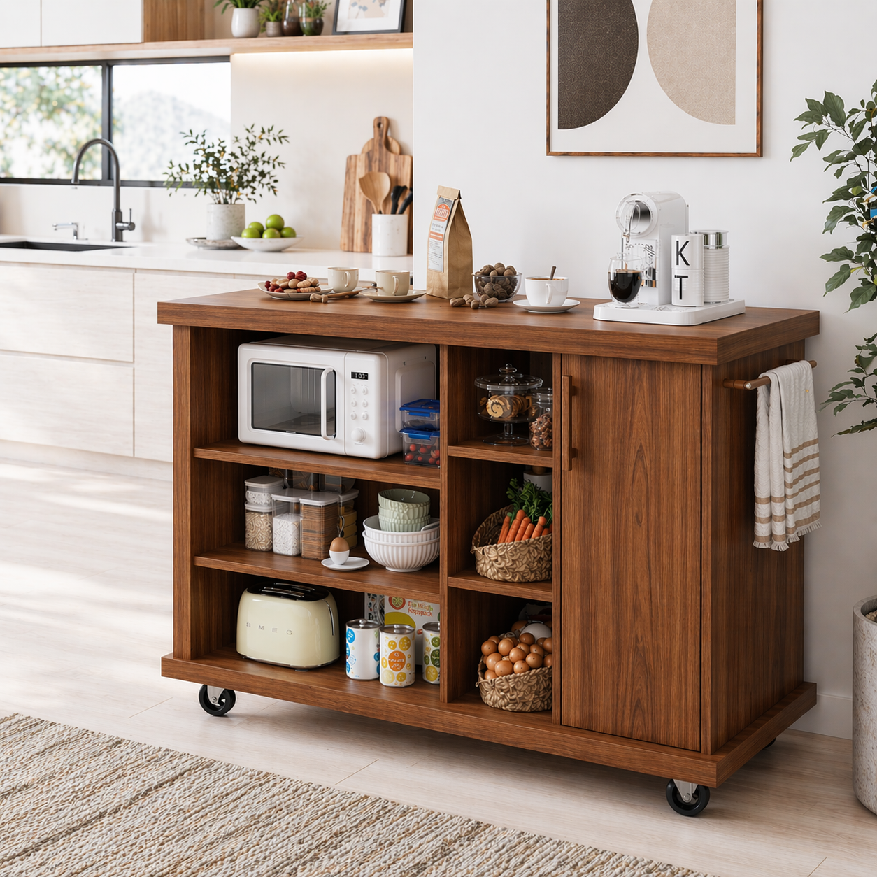 Rolling Kitchen Island with Open Storage & Cabinet – Walnut Microwave Cart with Shelves and Towel Bar