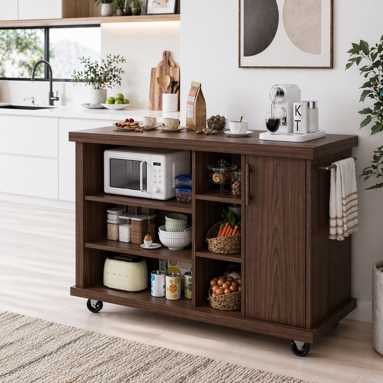 Rolling Kitchen Island with Open Storage & Cabinet – Walnut Microwave Cart with Shelves and Towel Bar