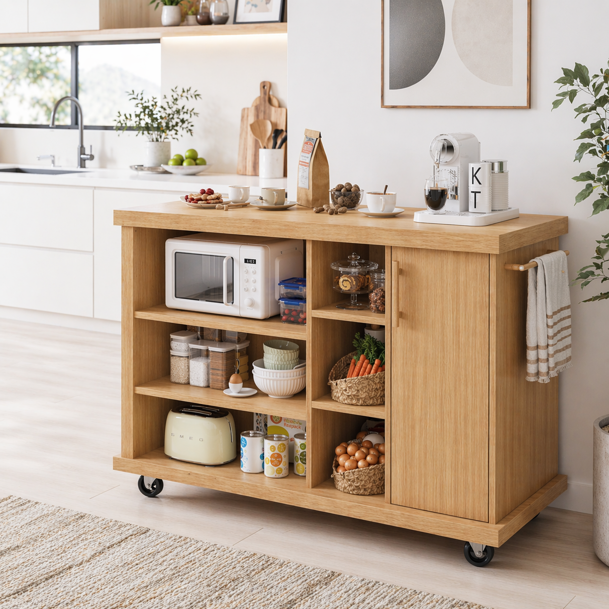 Rolling Kitchen Island with Open Storage & Cabinet – Walnut Microwave Cart with Shelves and Towel Bar