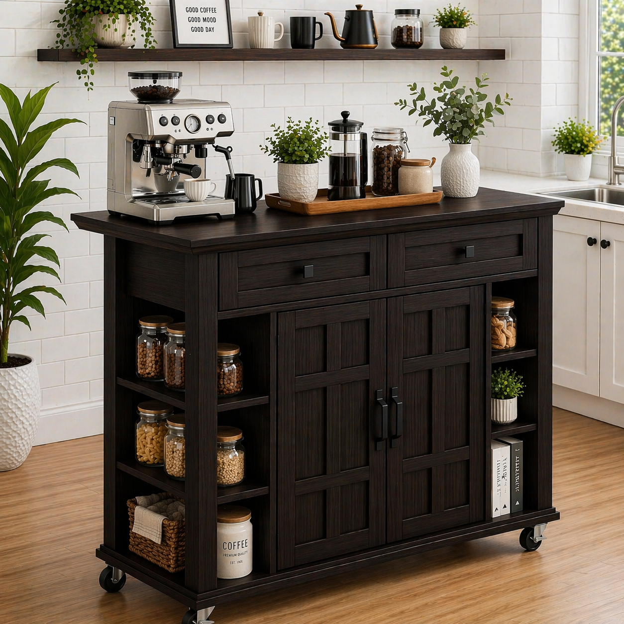 Solid Wood Kitchen Island Cart – Walnut Coffee Station with Storage Shelves