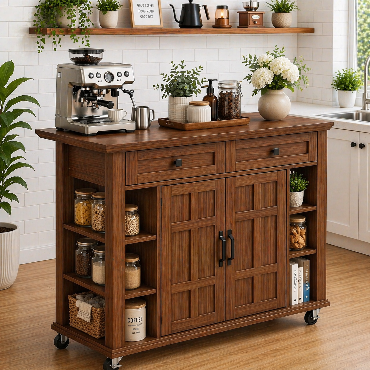 Solid Wood Kitchen Island Cart – Walnut Coffee Station with Storage Shelves