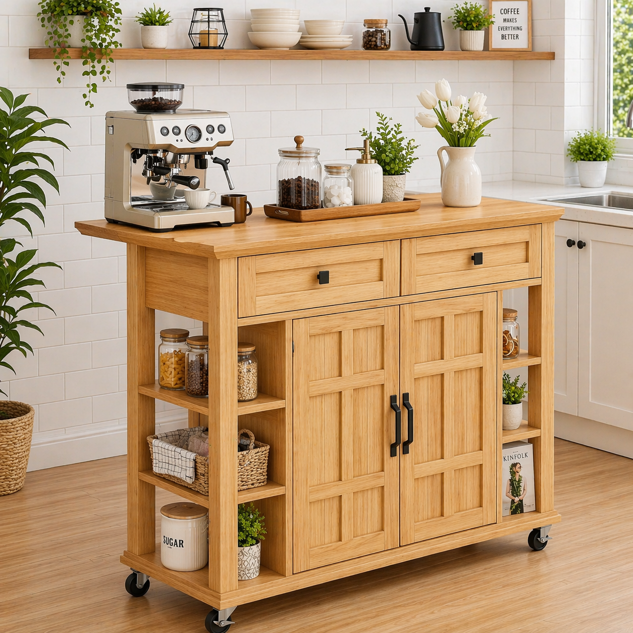 Solid Wood Kitchen Island Cart – Walnut Coffee Station with Storage Shelves