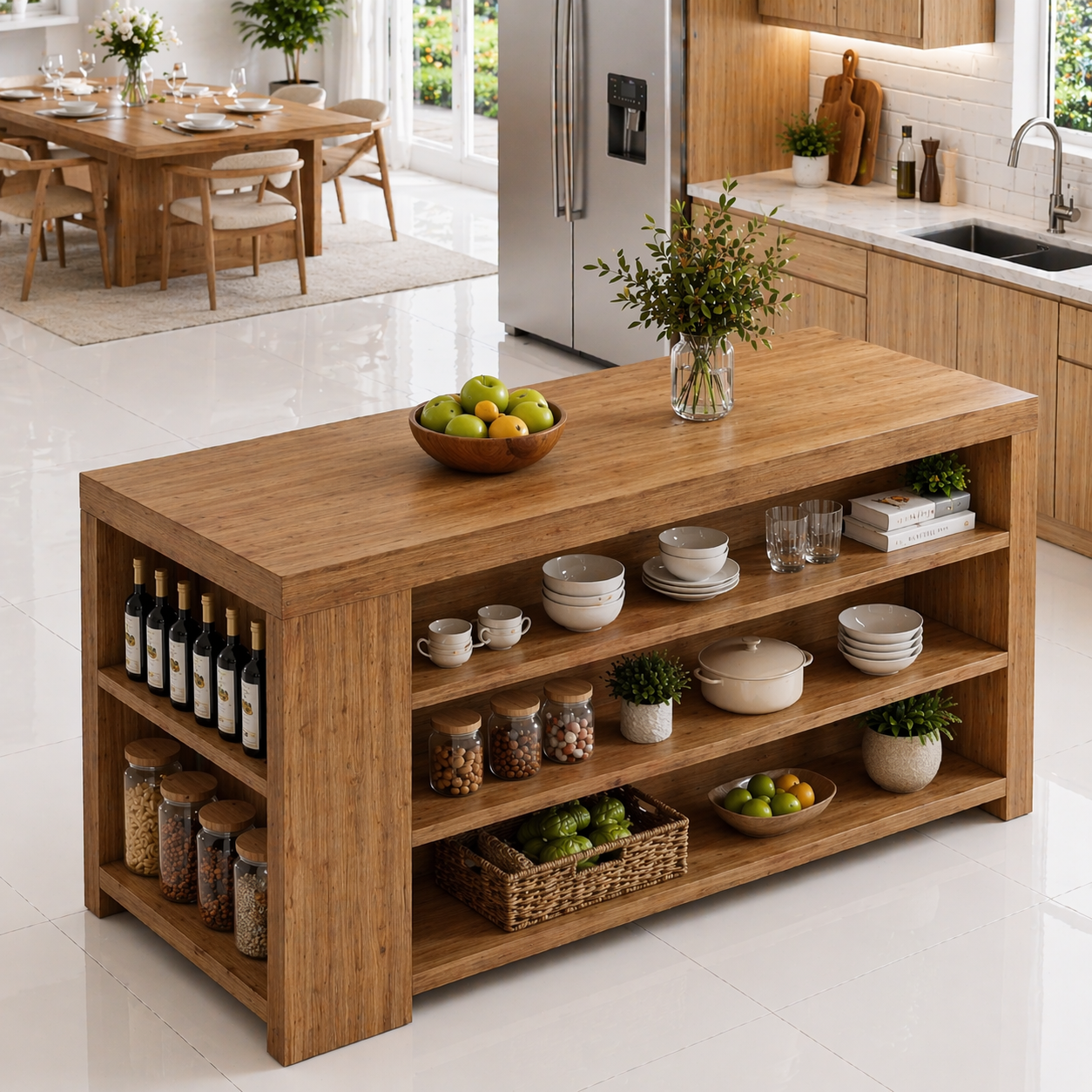 Solid Wood Kitchen Island with Open Shelves – Storage Prep Table