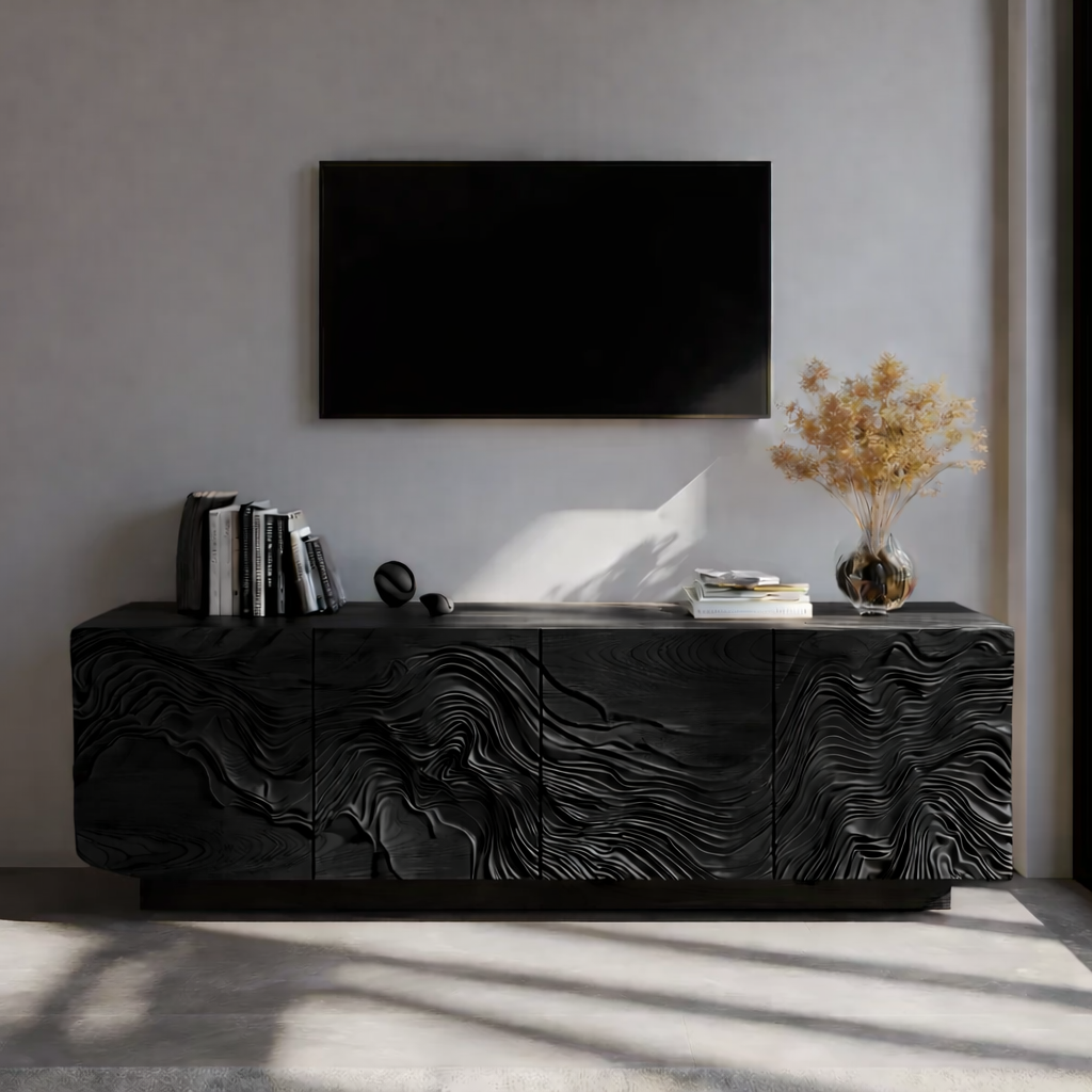 Solid Wood TV Stand with Carved Wave Design Modern Oak Media Console with Storage
